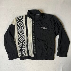 VINTAGE ADIDAS TRACK JACKET WINDBREAKER BLACK WHITE GEOMETRIC SIZE L